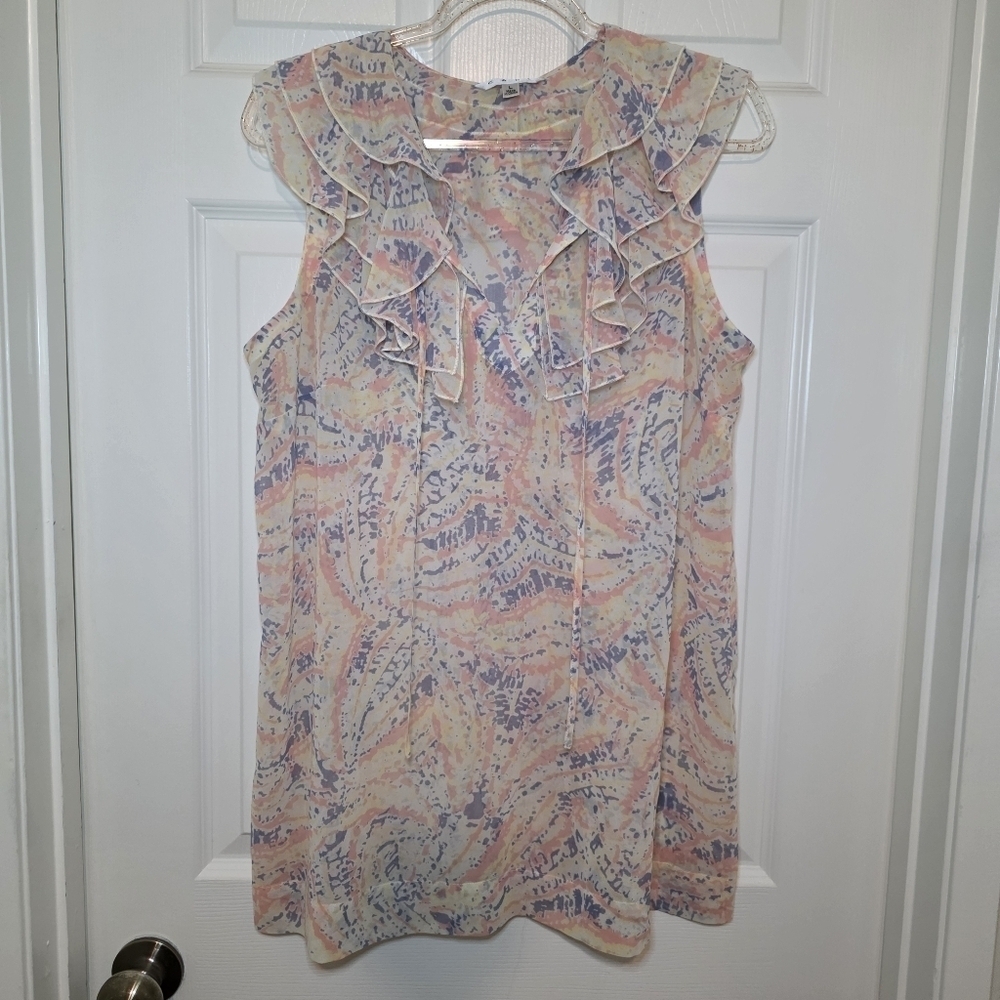 CAbi Multi Color Ruffle Tie Neck Top Blouse Style 837 Size L Sheer